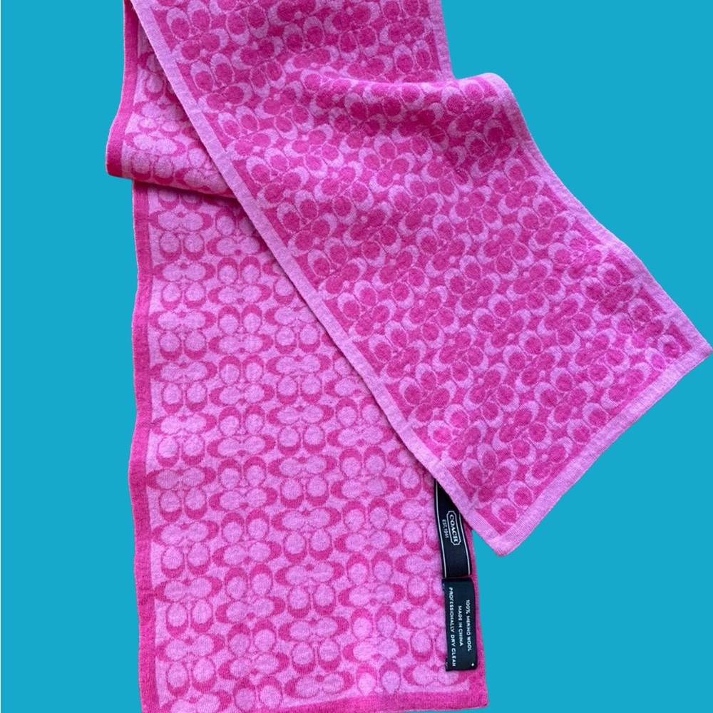 Coach Hot Pink Signature C Logo Merino Wool Scarf.